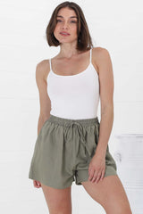 Mylo Shorts - Elasticated High Waist Linen/Cotton Blend Shorts in Khaki