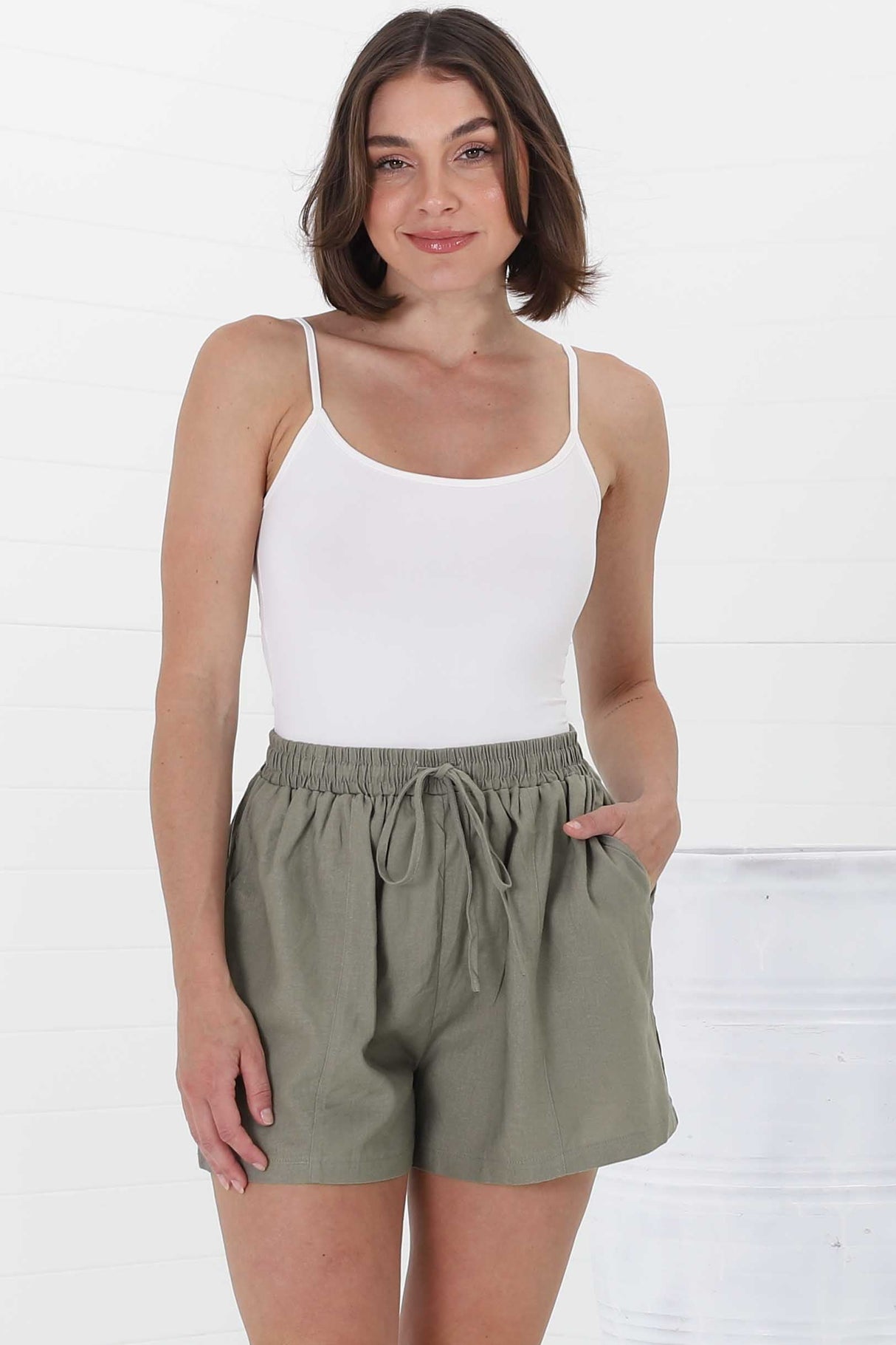 Mylo Shorts - Elasticated High Waist Linen/Cotton Blend Shorts in Khaki