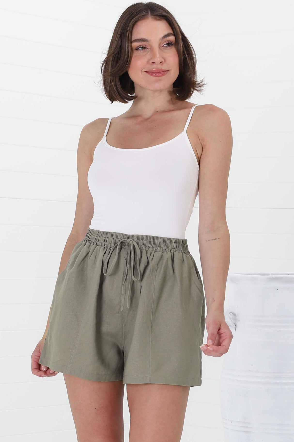 Mylo Shorts - Elasticated High Waist Linen/Cotton Blend Shorts in Khaki