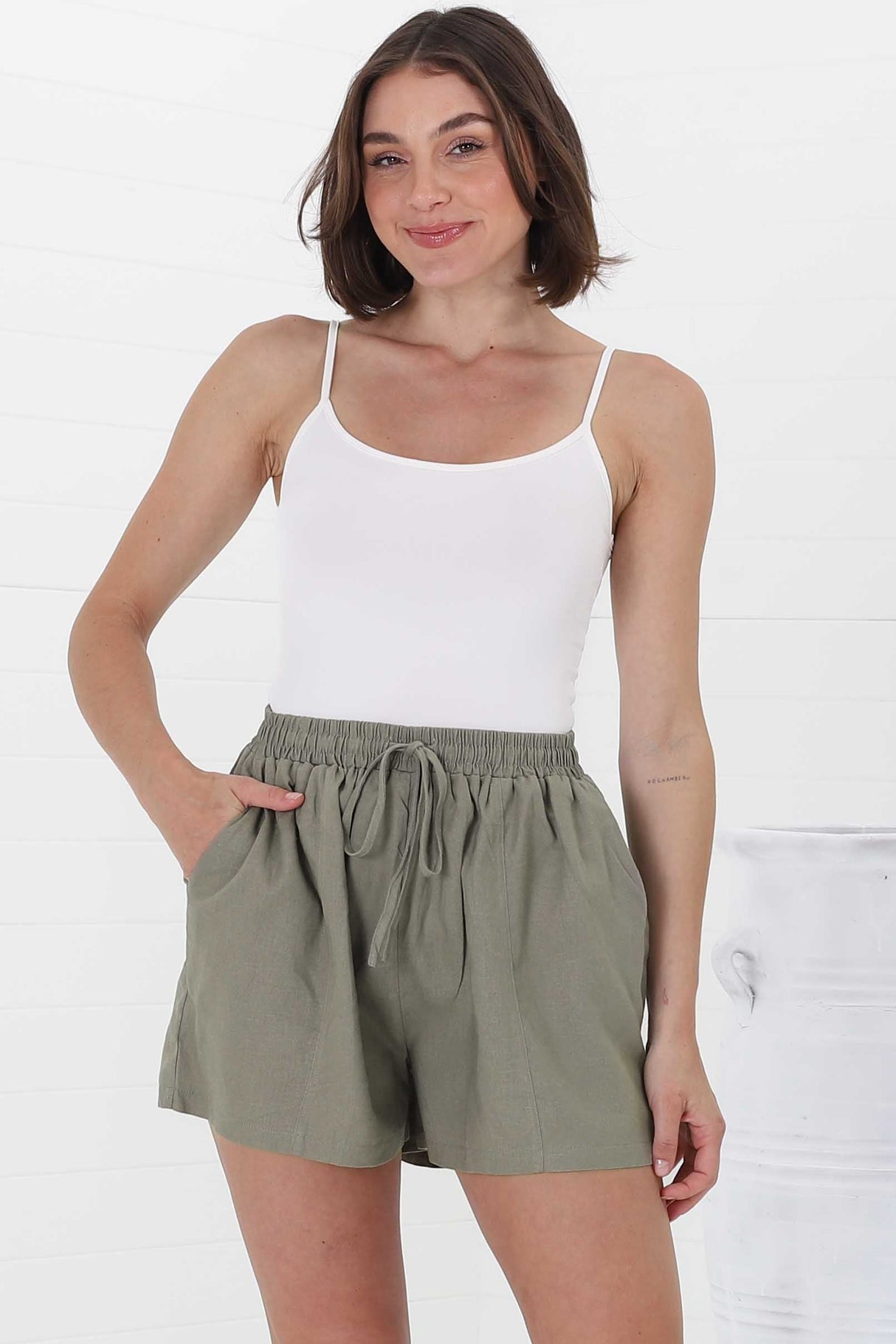 Mylo Shorts - Elasticated High Waist Linen/Cotton Blend Shorts in Khaki