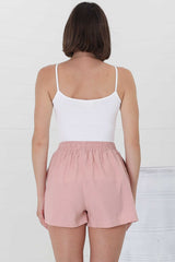 Mylo Shorts - Elasticated High Waist Linen/Cotton Blend Shorts in Pink