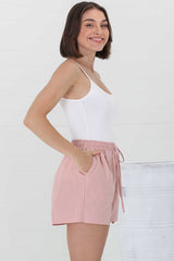 Mylo Shorts - Elasticated High Waist Linen/Cotton Blend Shorts in Pink