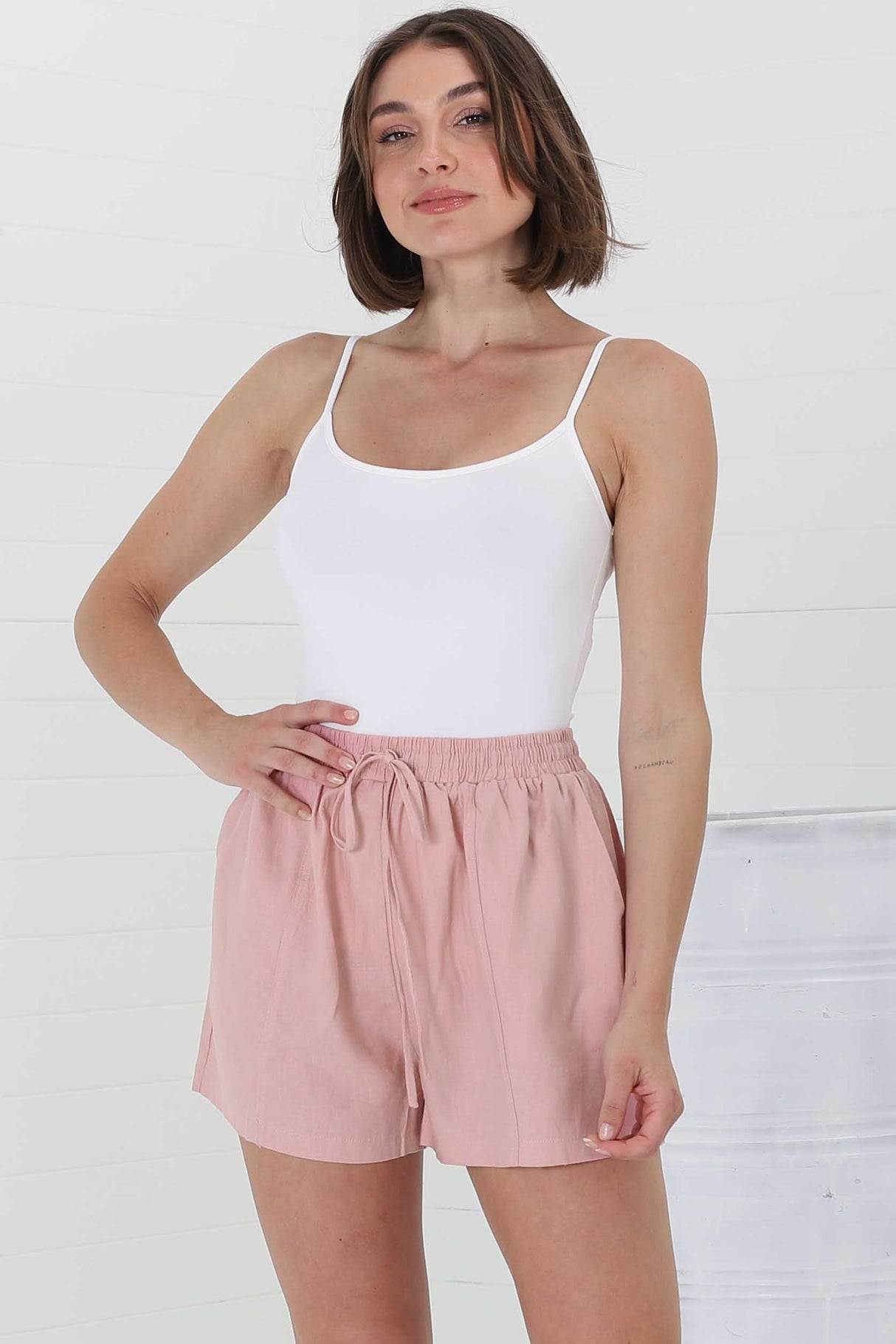 Mylo Shorts - Elasticated High Waist Linen/Cotton Blend Shorts in Pink