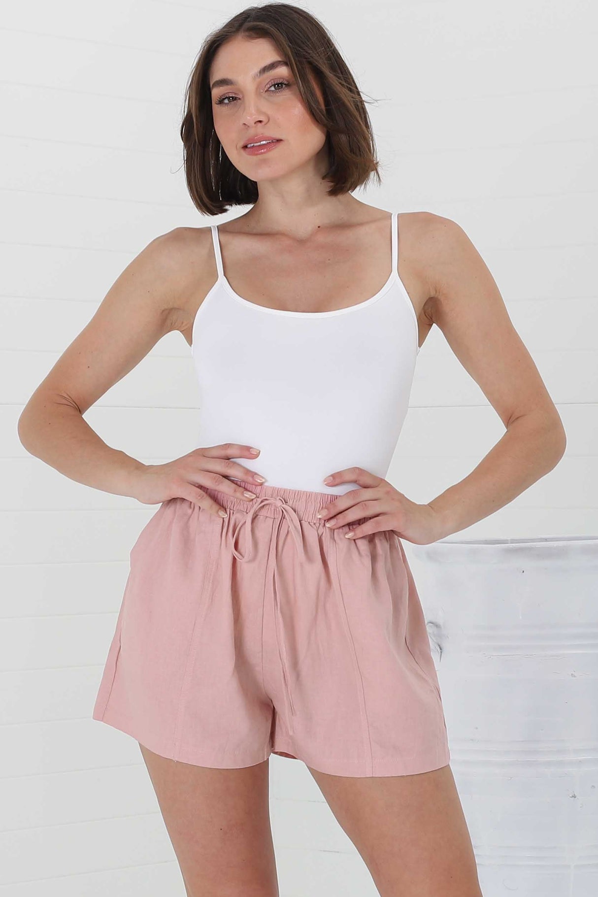 Mylo Shorts - Elasticated High Waist Linen/Cotton Blend Shorts in Pink