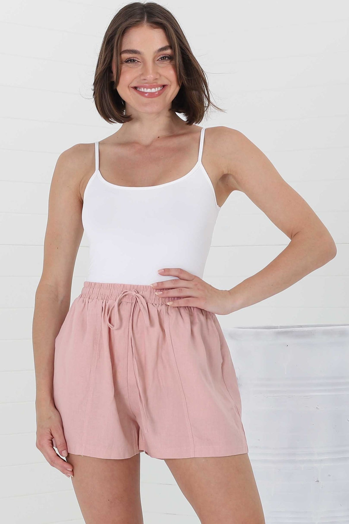 Mylo Shorts - Elasticated High Waist Linen/Cotton Blend Shorts in Pink