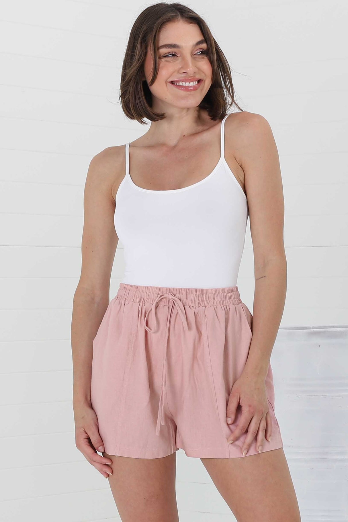 Mylo Shorts - Elasticated High Waist Linen/Cotton Blend Shorts in Pink