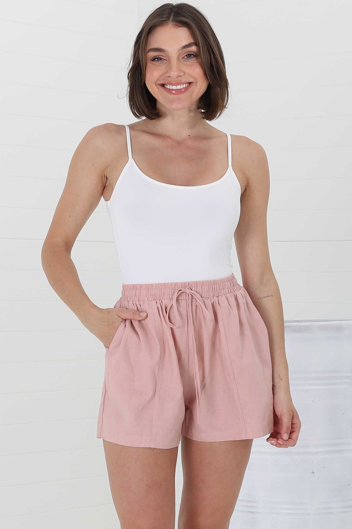 Mylo Shorts - Elasticated High Waist Linen/Cotton Blend Shorts in Pink