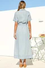 Myrtle Midi Dress - Collared Shirt Dress with Waist Tie in Light Denim Wash
