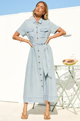 Myrtle Midi Dress - Collared Shirt Dress with Waist Tie in Light Denim Wash