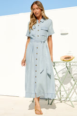 Myrtle Midi Dress - Collared Shirt Dress with Waist Tie in Light Denim Wash