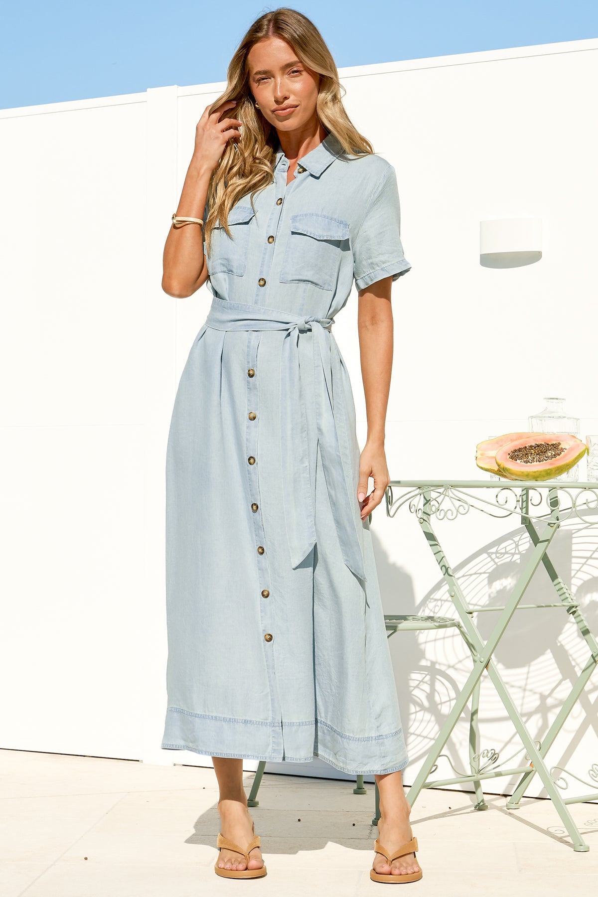 Myrtle Midi Dress - Collared Shirt Dress with Waist Tie in Light Denim Wash