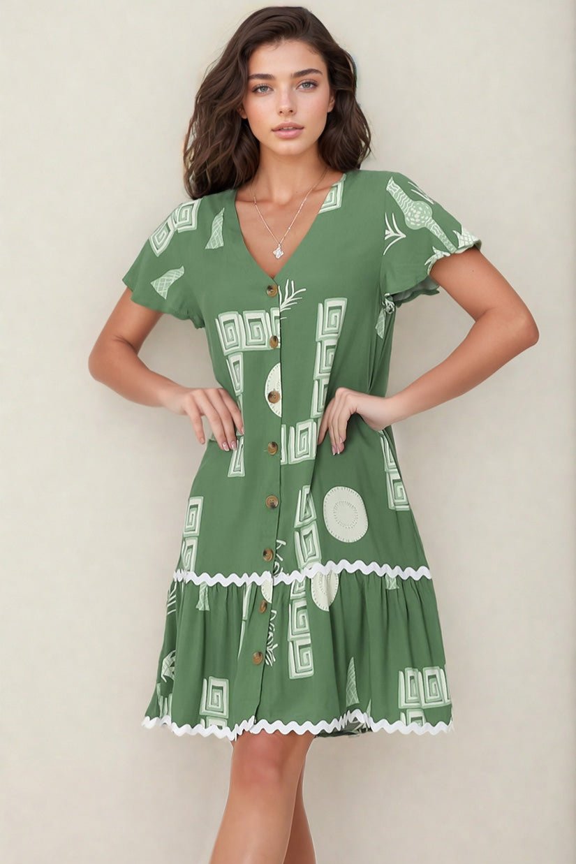 Amaris Mini Dress - V Neck Button Down Dress with Rick Rack Decal Saba Print in Green