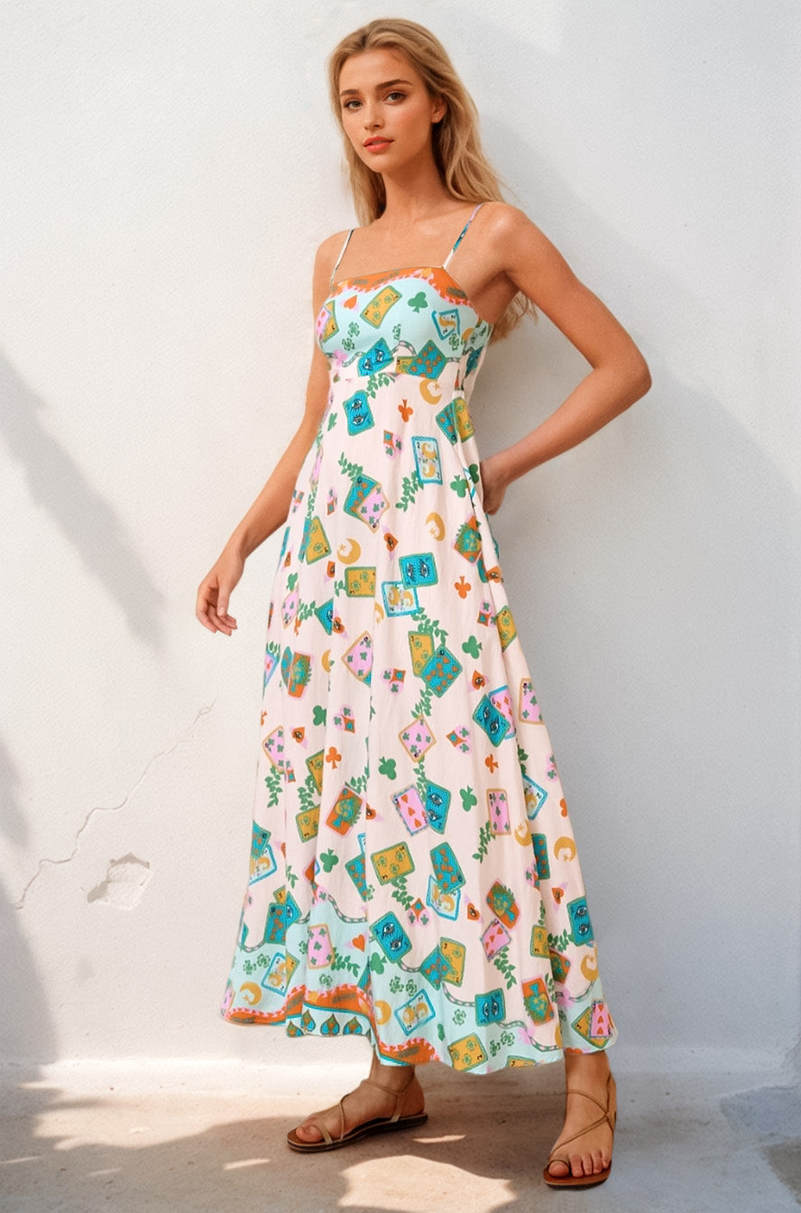 Bonita Maxi Dress: Spaghetti Strap Sun Dress in Tarot Print