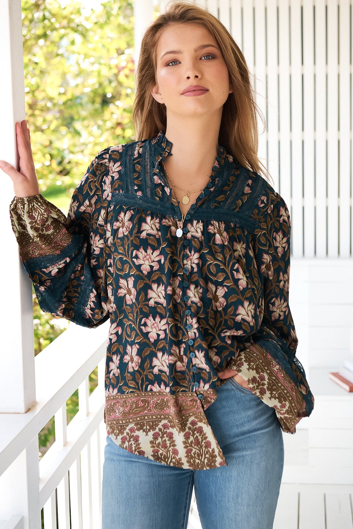 JAASE - Nadia Blouse: Scoop Hem Lace Detailing Button Down in Nomade Print