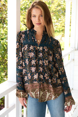 JAASE - Nadia Blouse: Scoop Hem Lace Detailing Button Down in Nomade Print