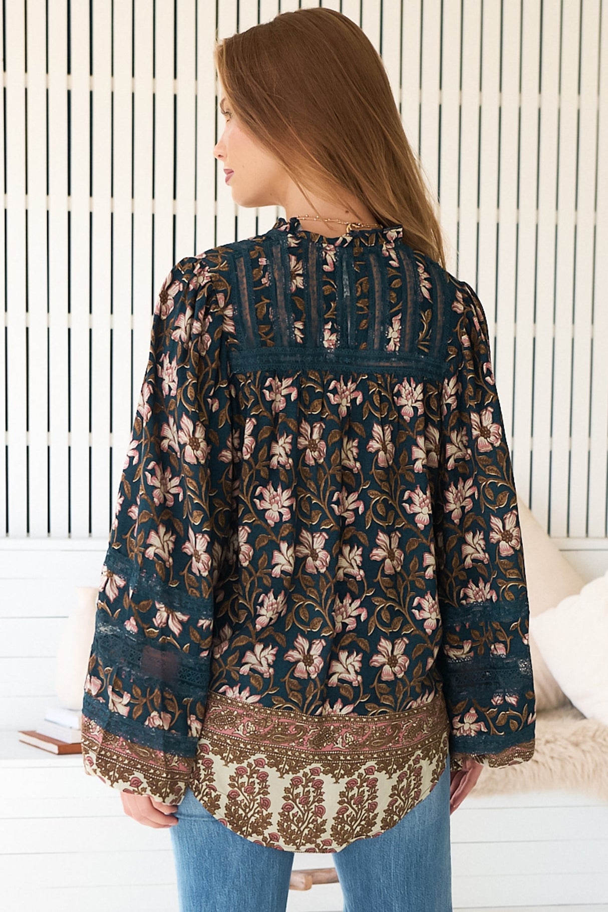 JAASE - Nadia Blouse: Scoop Hem Lace Detailing Button Down in Nomade Print