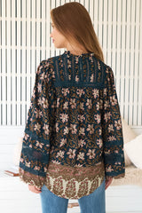 JAASE - Nadia Blouse: Scoop Hem Lace Detailing Button Down in Nomade Print