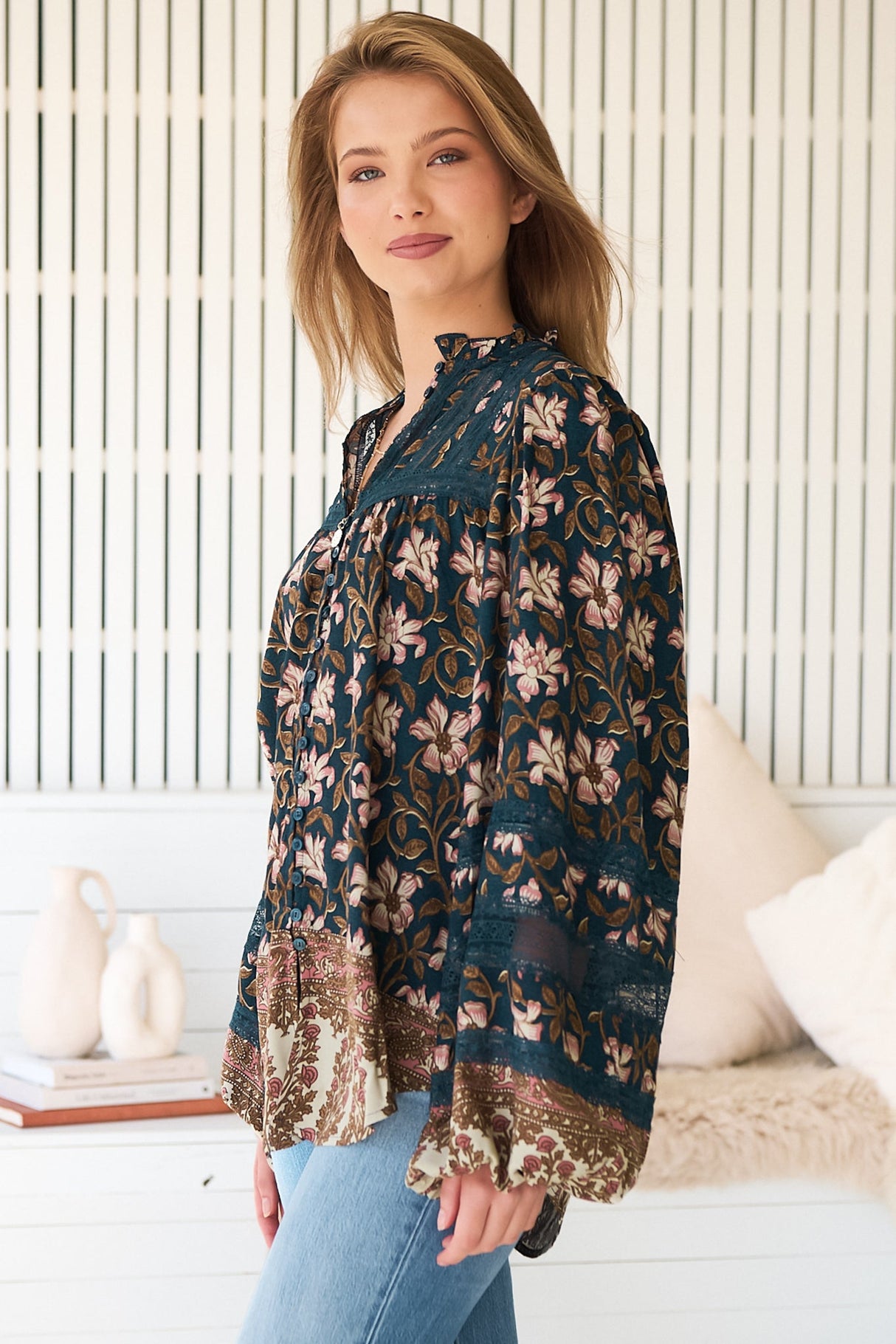 JAASE - Nadia Blouse: Scoop Hem Lace Detailing Button Down in Nomade Print