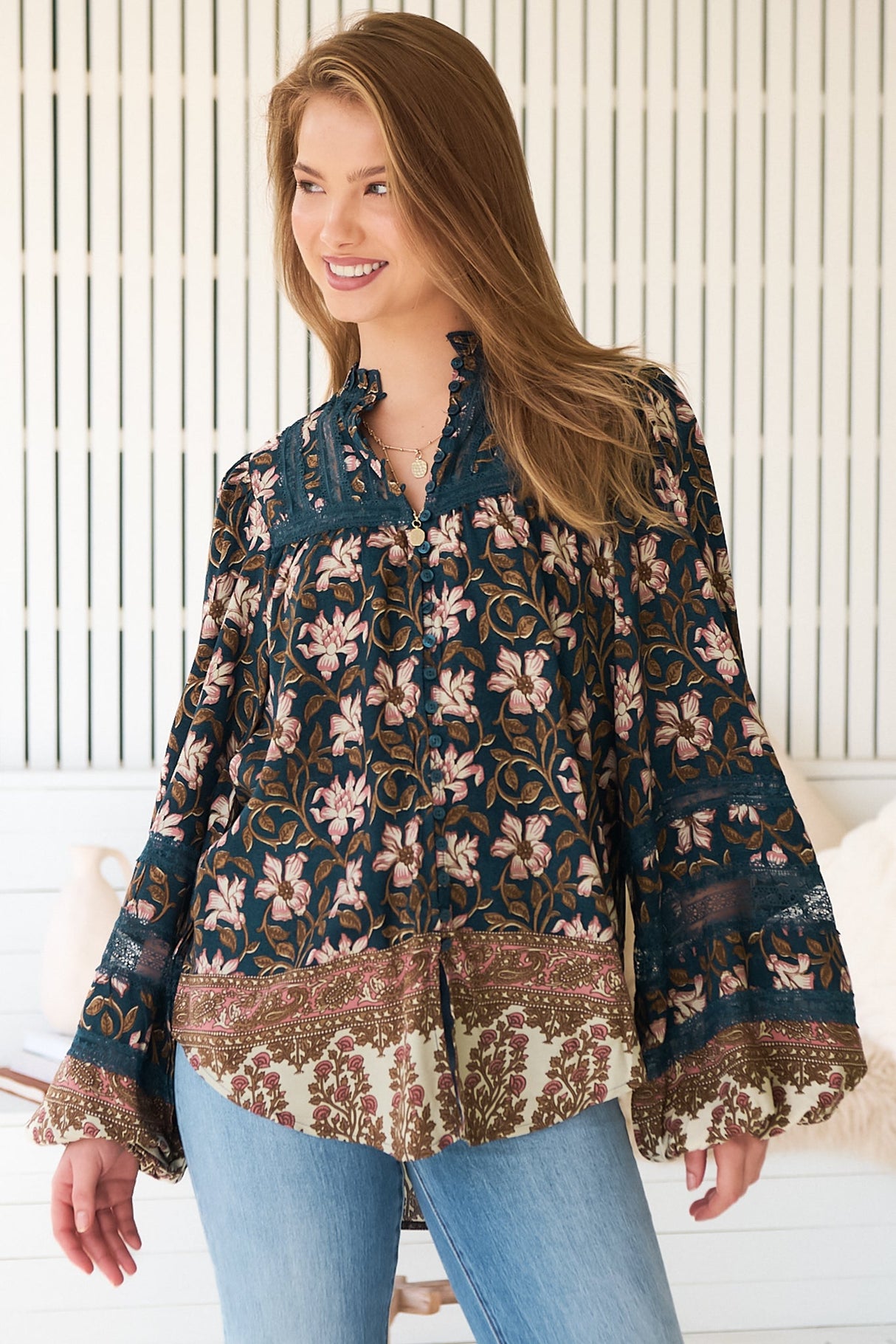 JAASE - Nadia Blouse: Scoop Hem Lace Detailing Button Down in Nomade Print