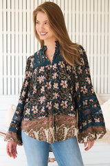 JAASE - Nadia Blouse: Scoop Hem Lace Detailing Button Down in Nomade Print