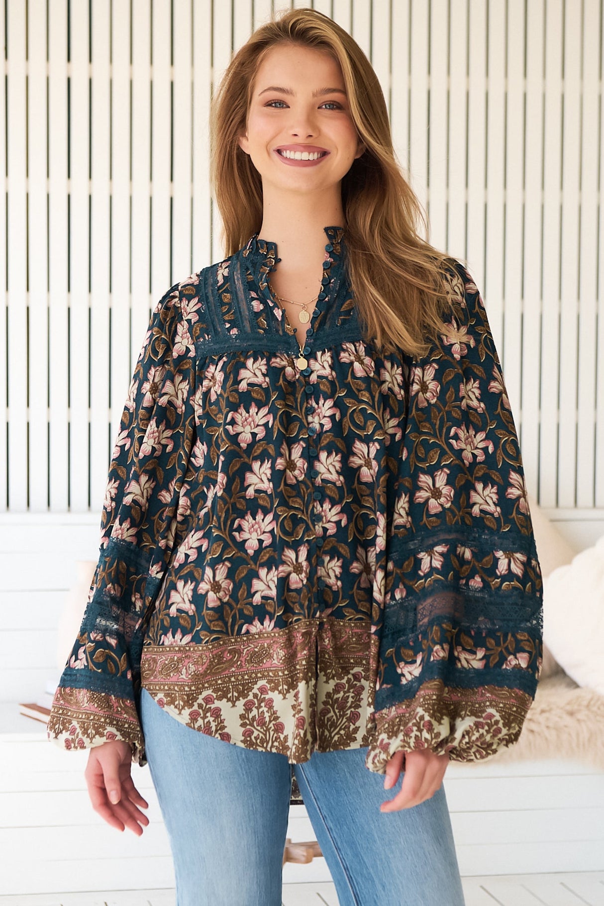 JAASE - Nadia Blouse: Scoop Hem Lace Detailing Button Down in Nomade Print