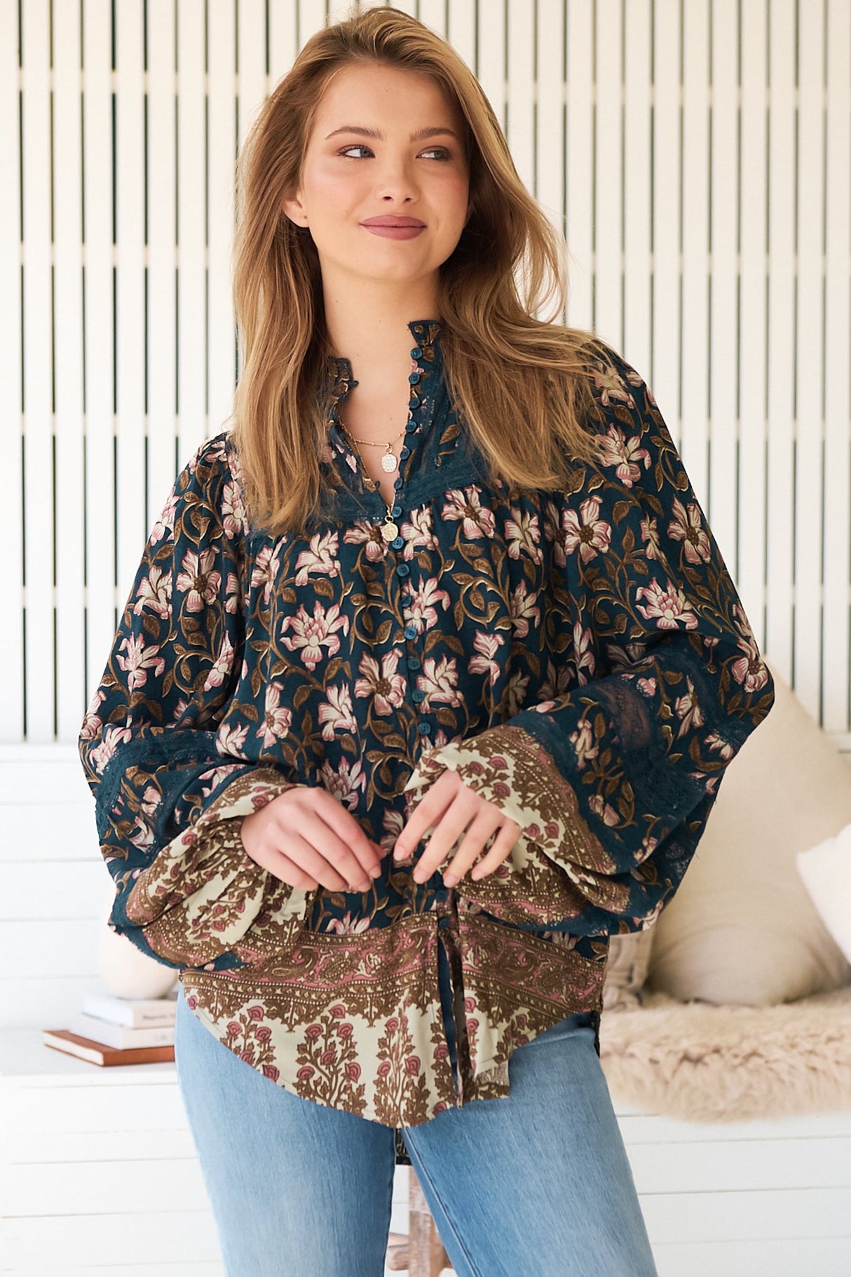 JAASE - Nadia Blouse: Scoop Hem Lace Detailing Button Down in Nomade Print