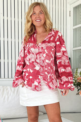 JAASE - Nadia Blouse: Scoop Hem Lace Detailing Button Down in Soulina Print