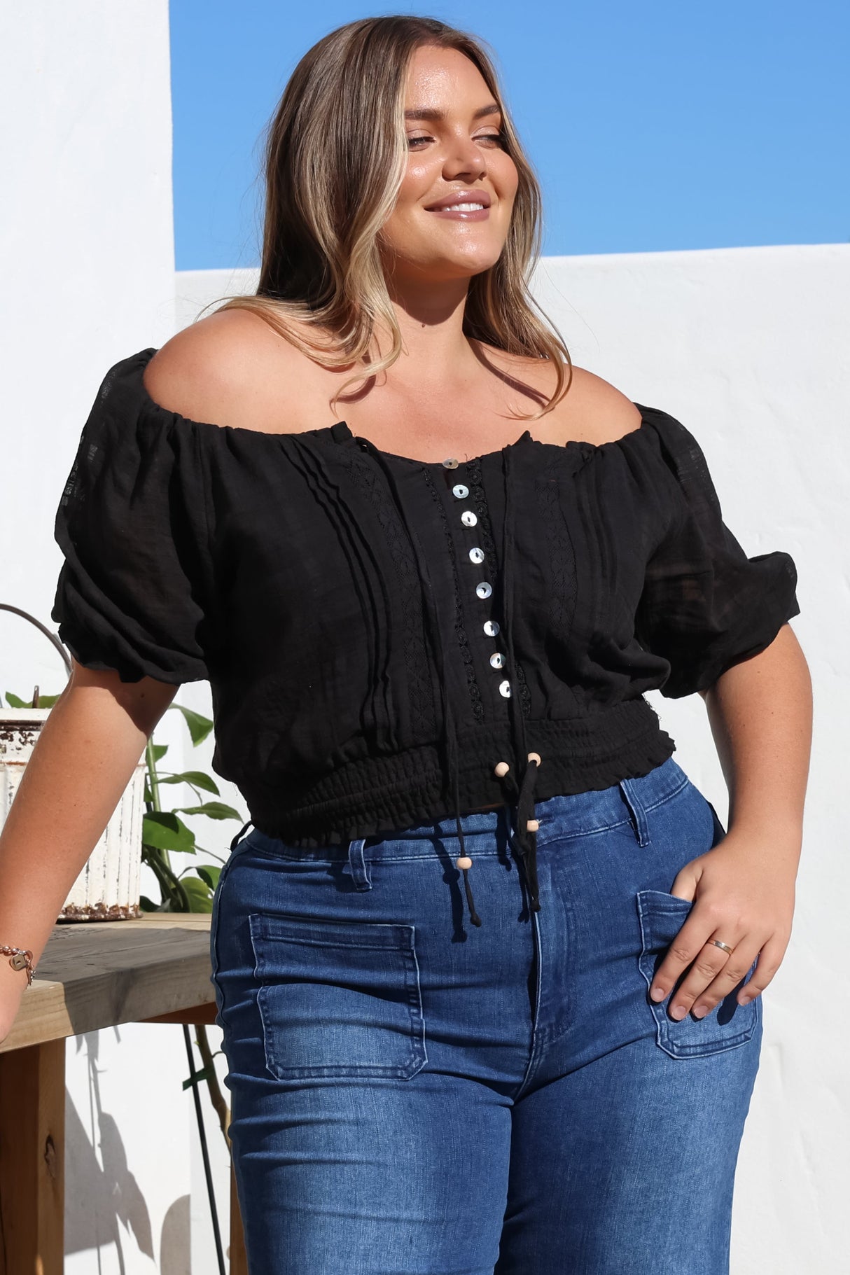 Nadiya Crop - Adjustable Neck and Hemline Crop with Pleating Details in Black