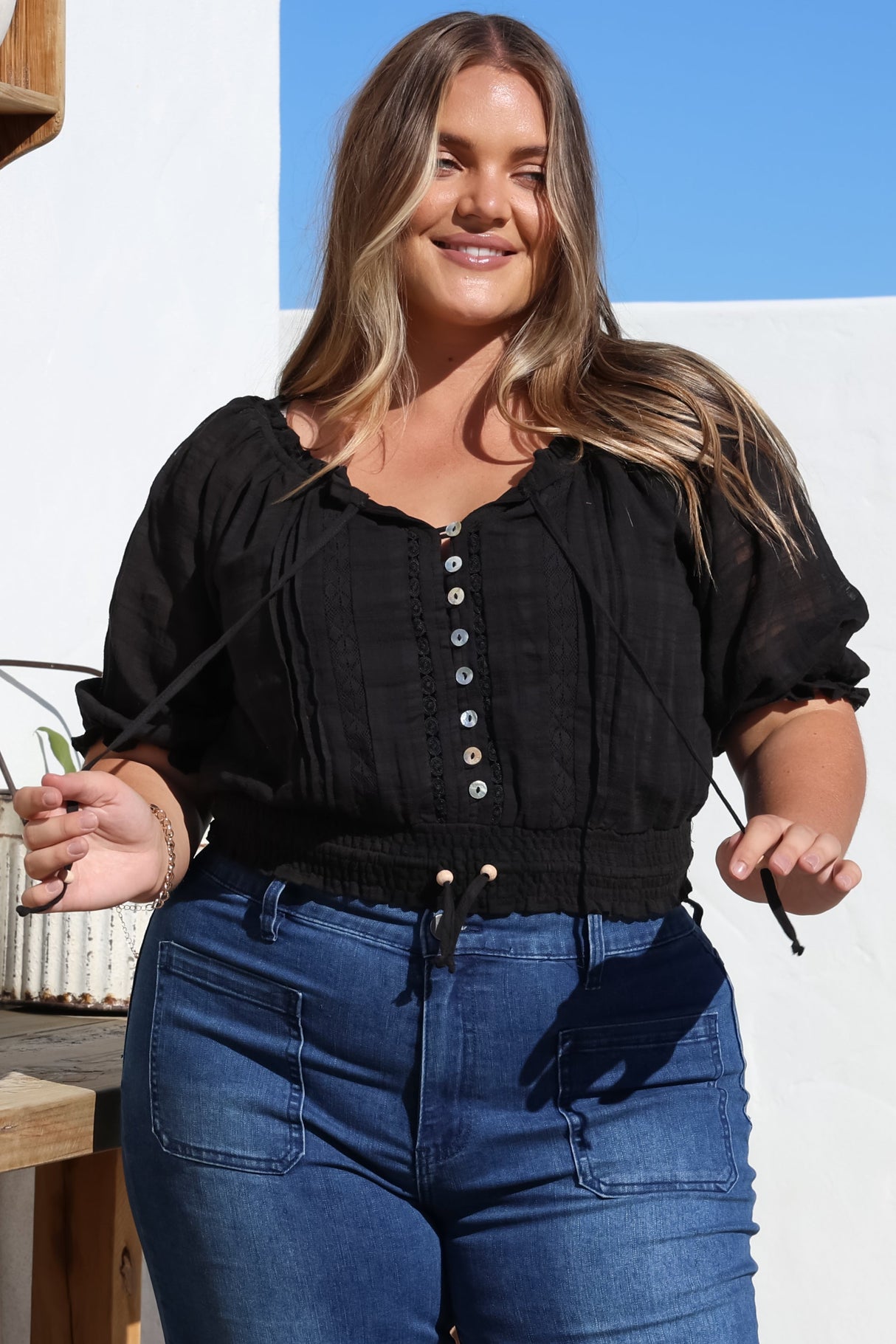 Nadiya Crop - Adjustable Neck and Hemline Crop with Pleating Details in Black