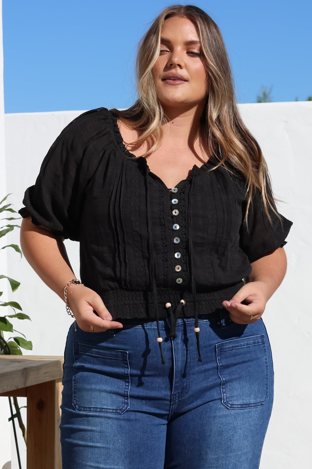 Nadiya Crop - Adjustable Neck and Hemline Crop with Pleating Details in Black