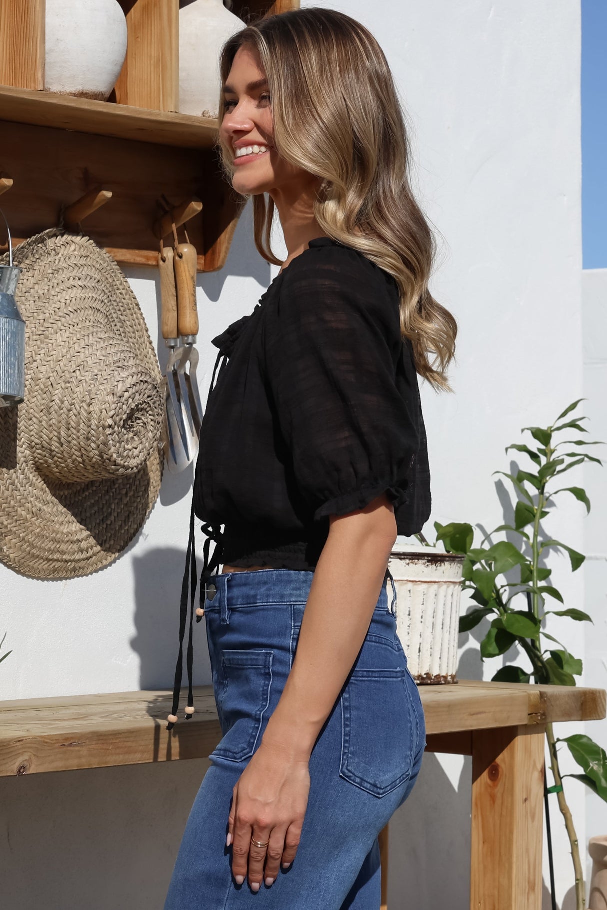 Nadiya Crop - Adjustable Neck and Hemline Crop with Pleating Details in Black