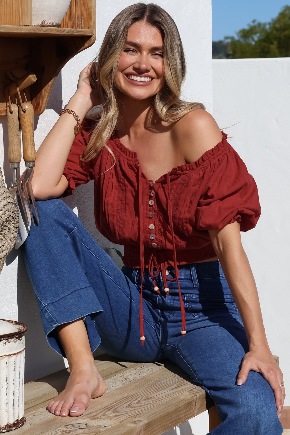 Nadiya Crop - Adjustable Neck and Hemline Crop with Pleating Details in Rust