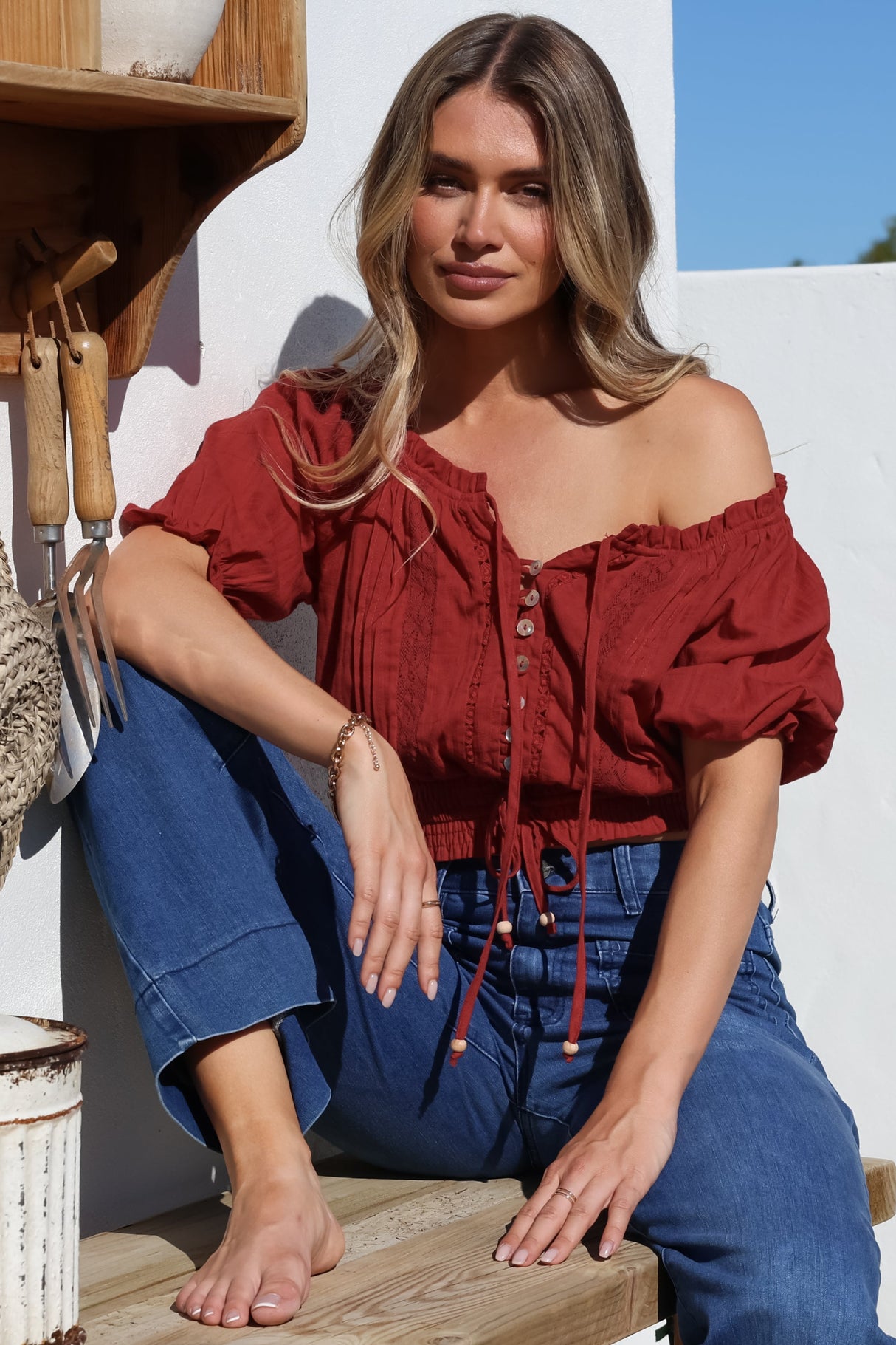 Nadiya Crop - Adjustable Neck and Hemline Crop with Pleating Details in Rust