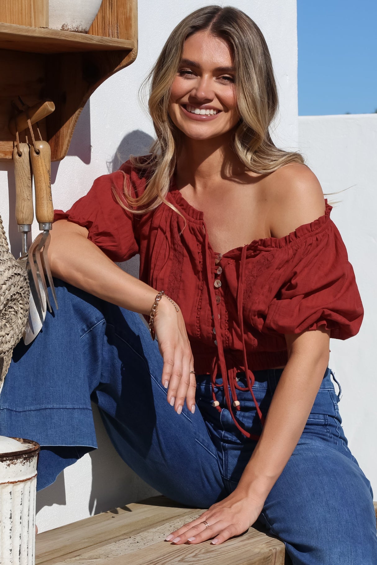 Nadiya Crop - Adjustable Neck and Hemline Crop with Pleating Details in Rust