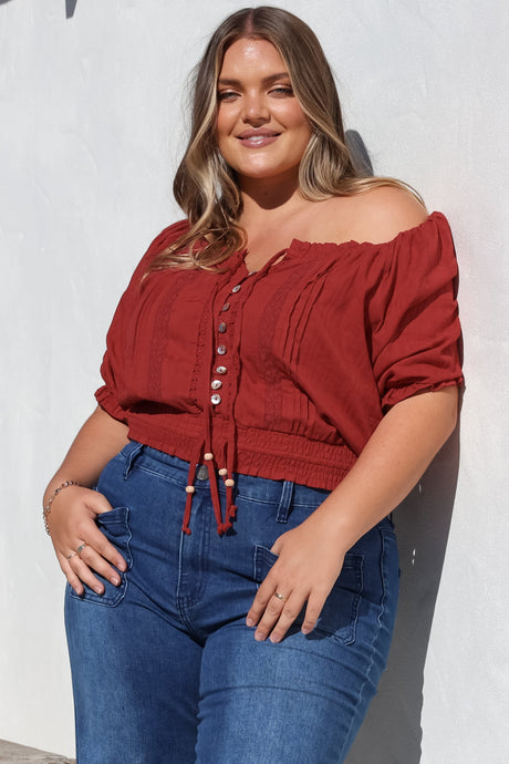 Nadiya Crop - Adjustable Neck and Hemline Crop with Pleating Details in Rust