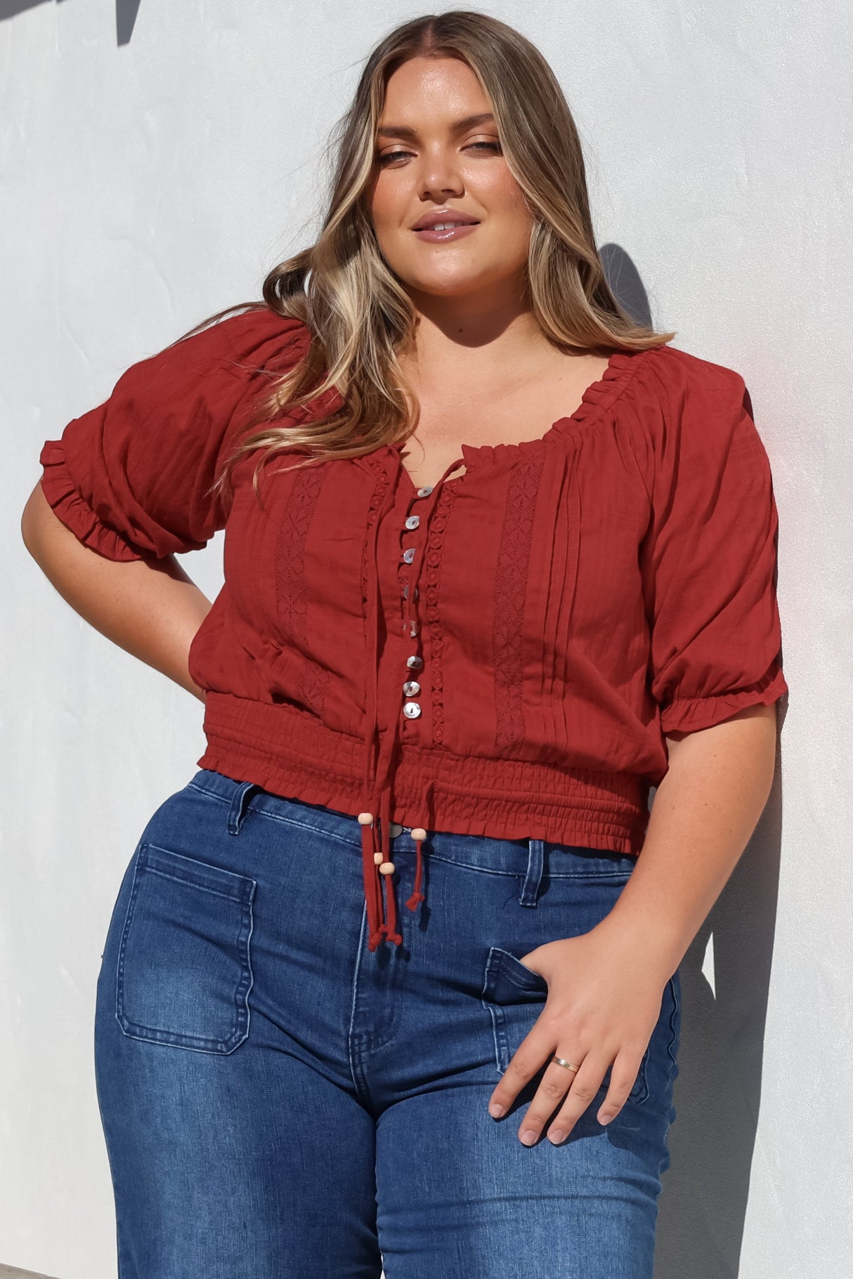 Nadiya Crop - Adjustable Neck and Hemline Crop with Pleating Details in Rust