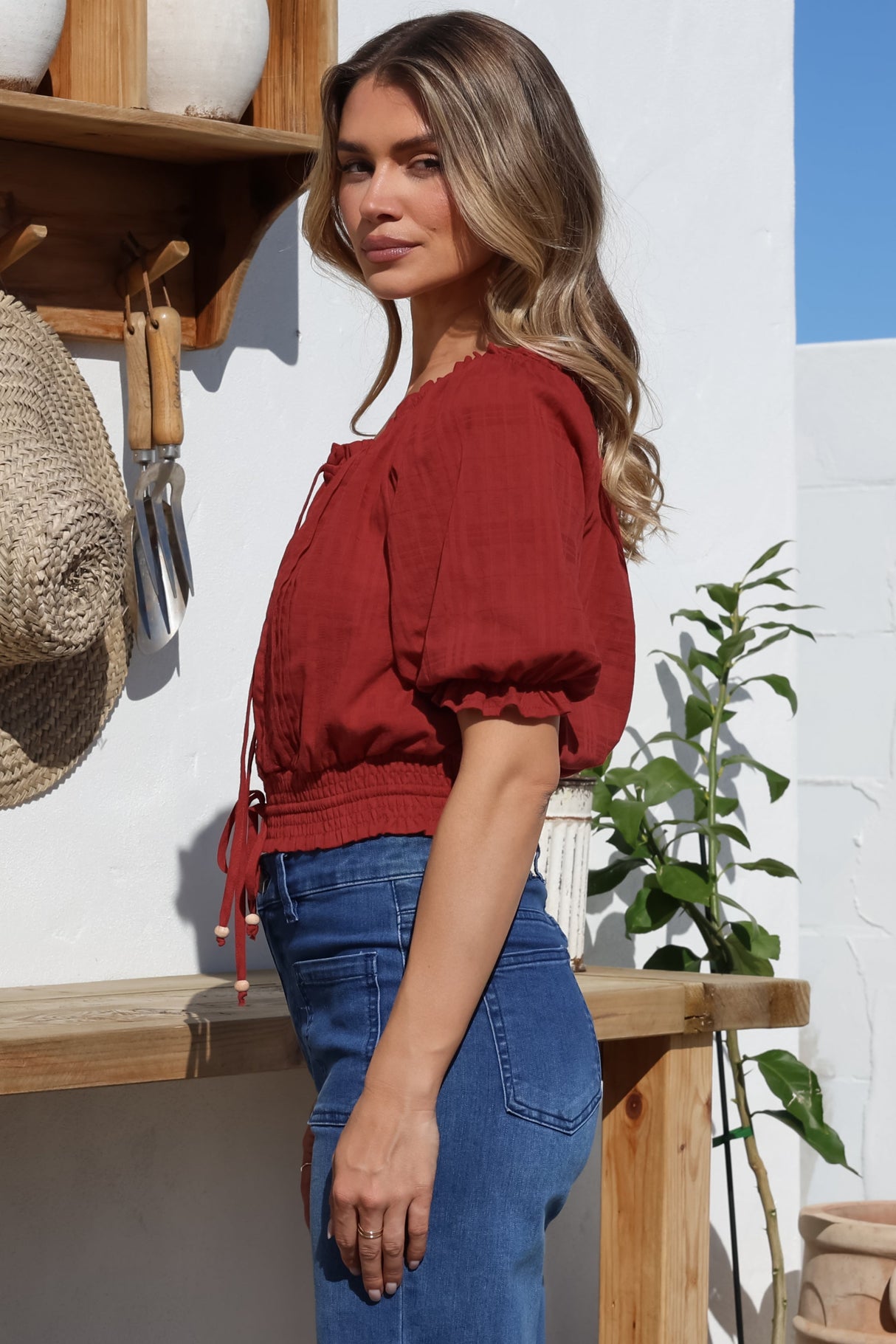 Nadiya Crop - Adjustable Neck and Hemline Crop with Pleating Details in Rust