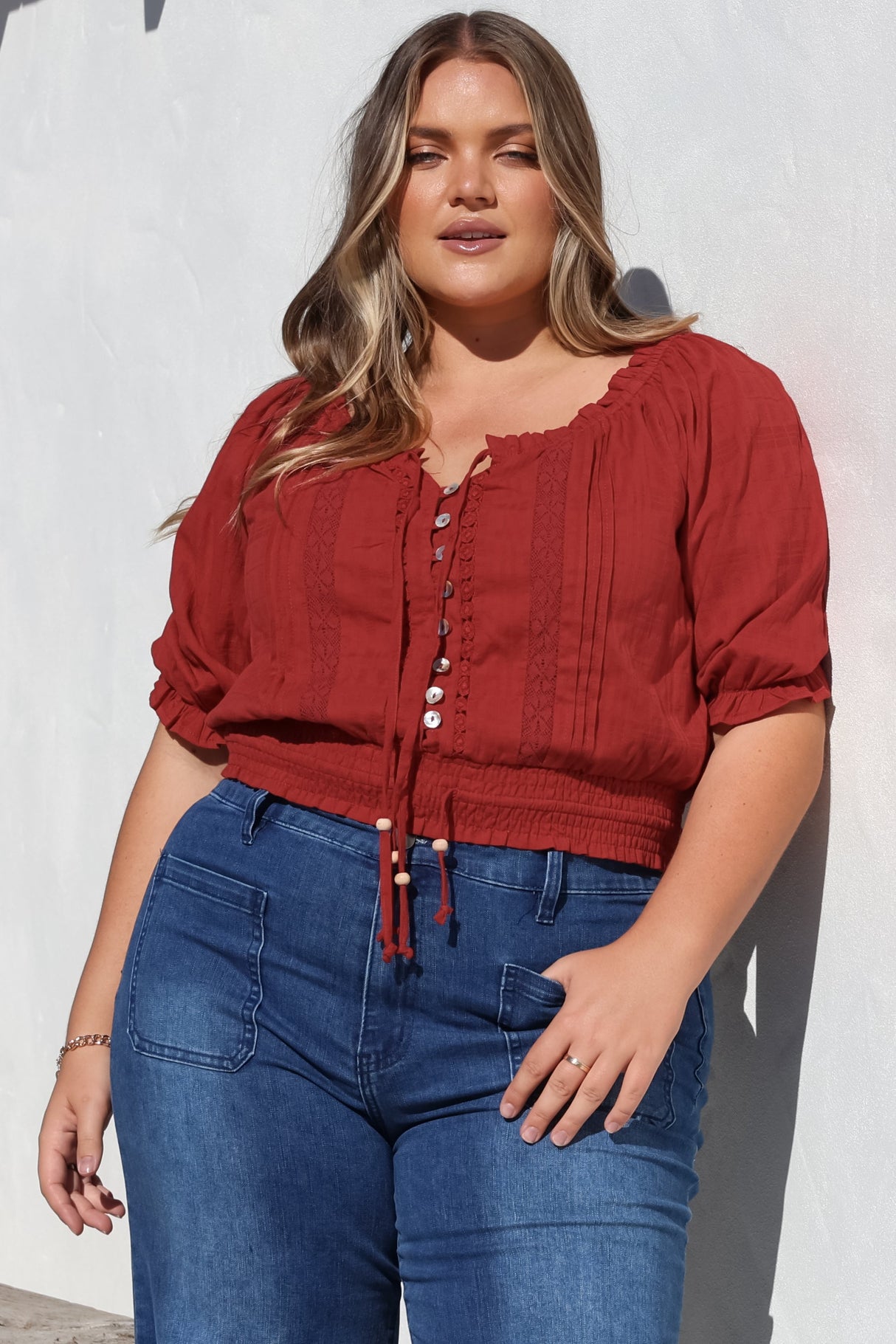 Nadiya Crop - Adjustable Neck and Hemline Crop with Pleating Details in Rust
