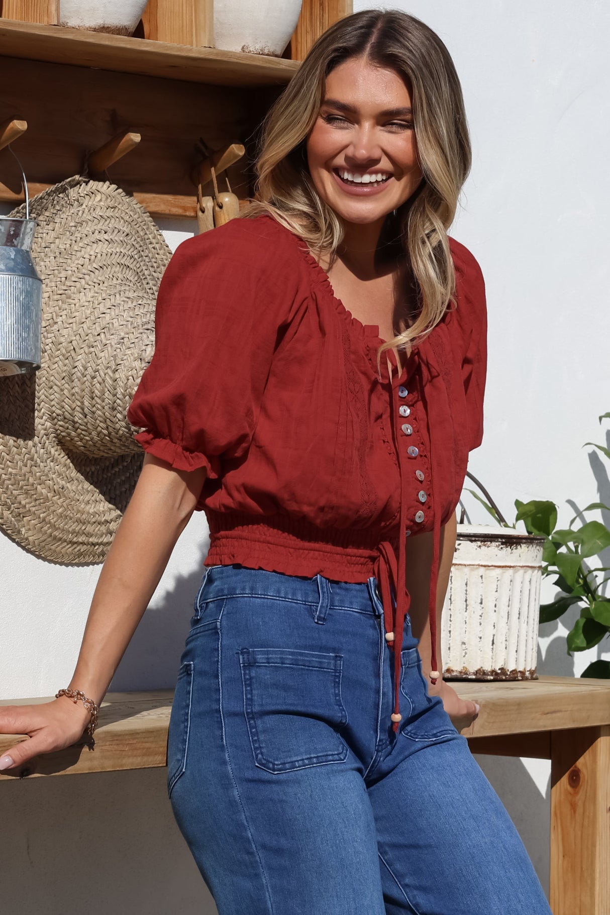 Nadiya Crop - Adjustable Neck and Hemline Crop with Pleating Details in Rust
