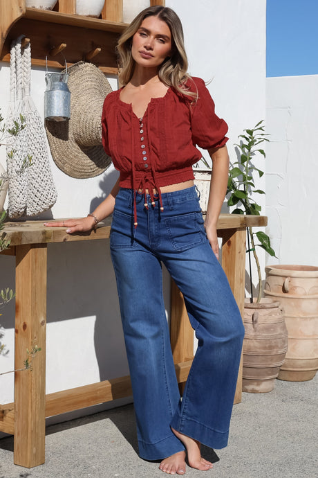 Nadiya Crop - Adjustable Neck and Hemline Crop with Pleating Details in Rust
