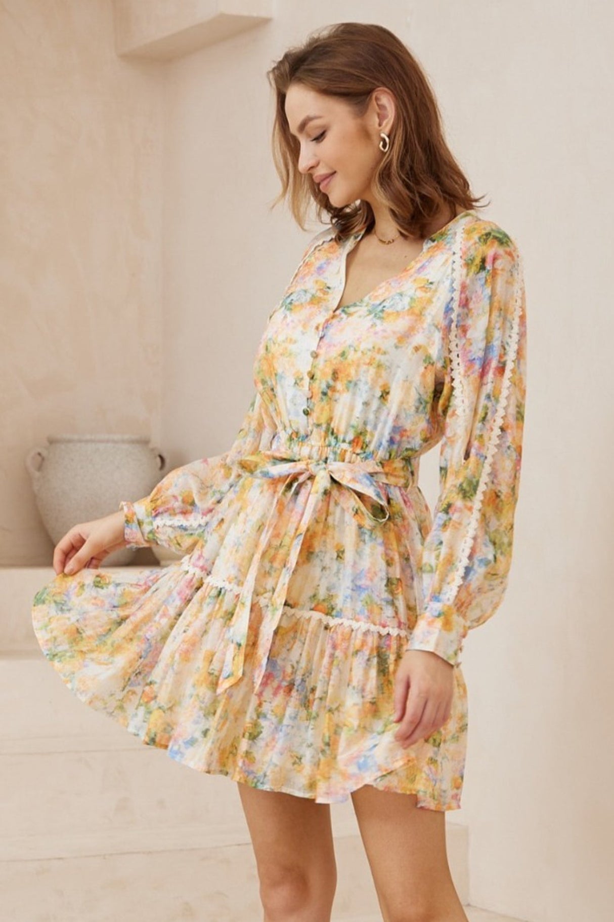 Nakita Mini Dress - Mandarin Collar Rick Rack Splicing A Line Dress in Frankie Print