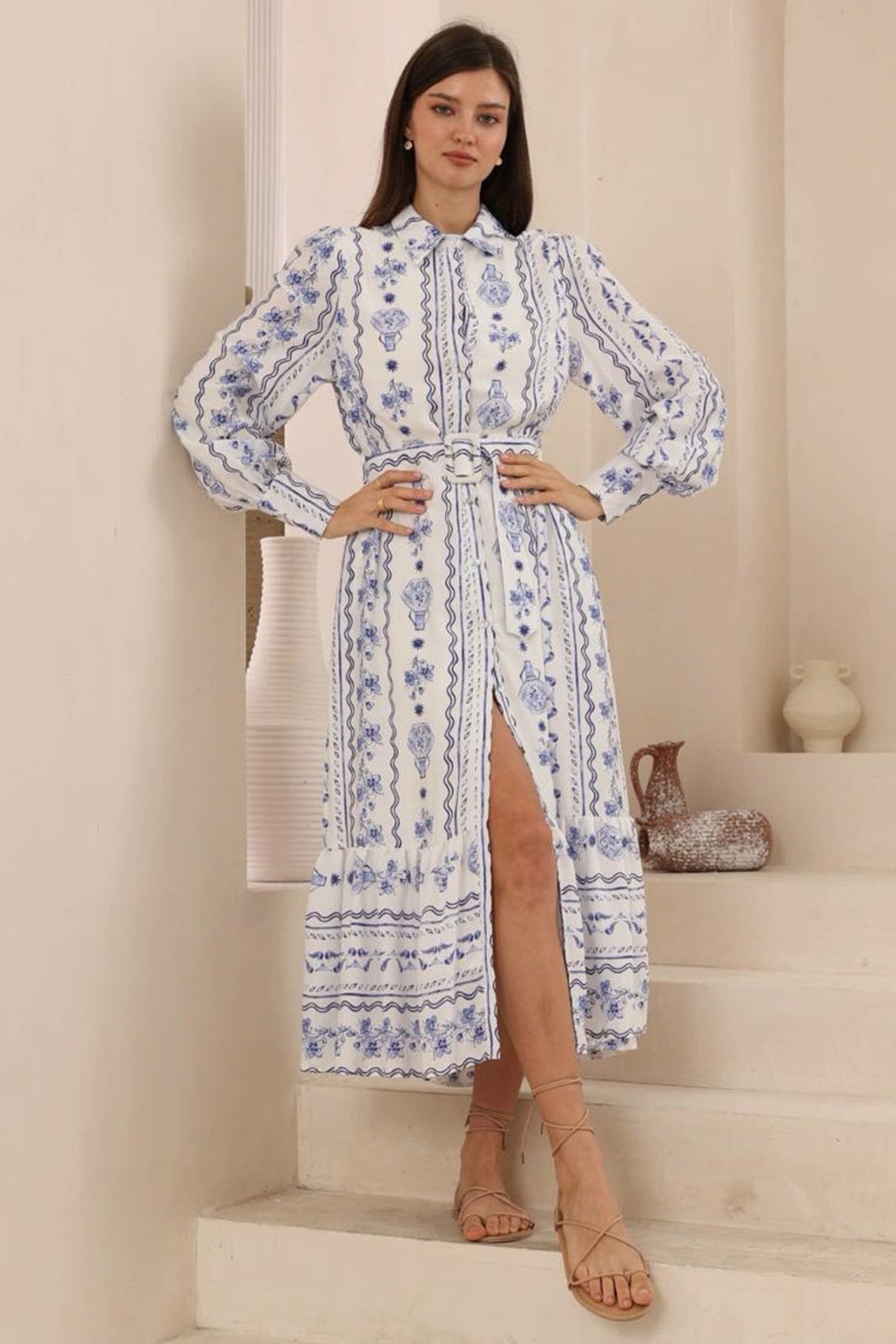 Nancy Midi Dress - Collared Shirt Balloon Sleeve Dress with Matching Belt in Mabel Print