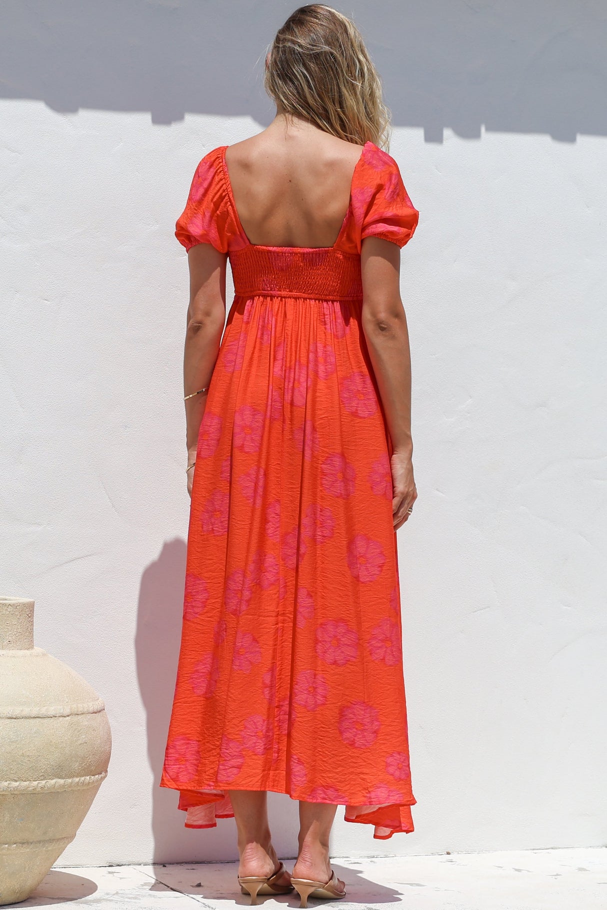 Nani Midi Dress - Milkmaid Neckline Dress with Short Sleeves in Sallio Print