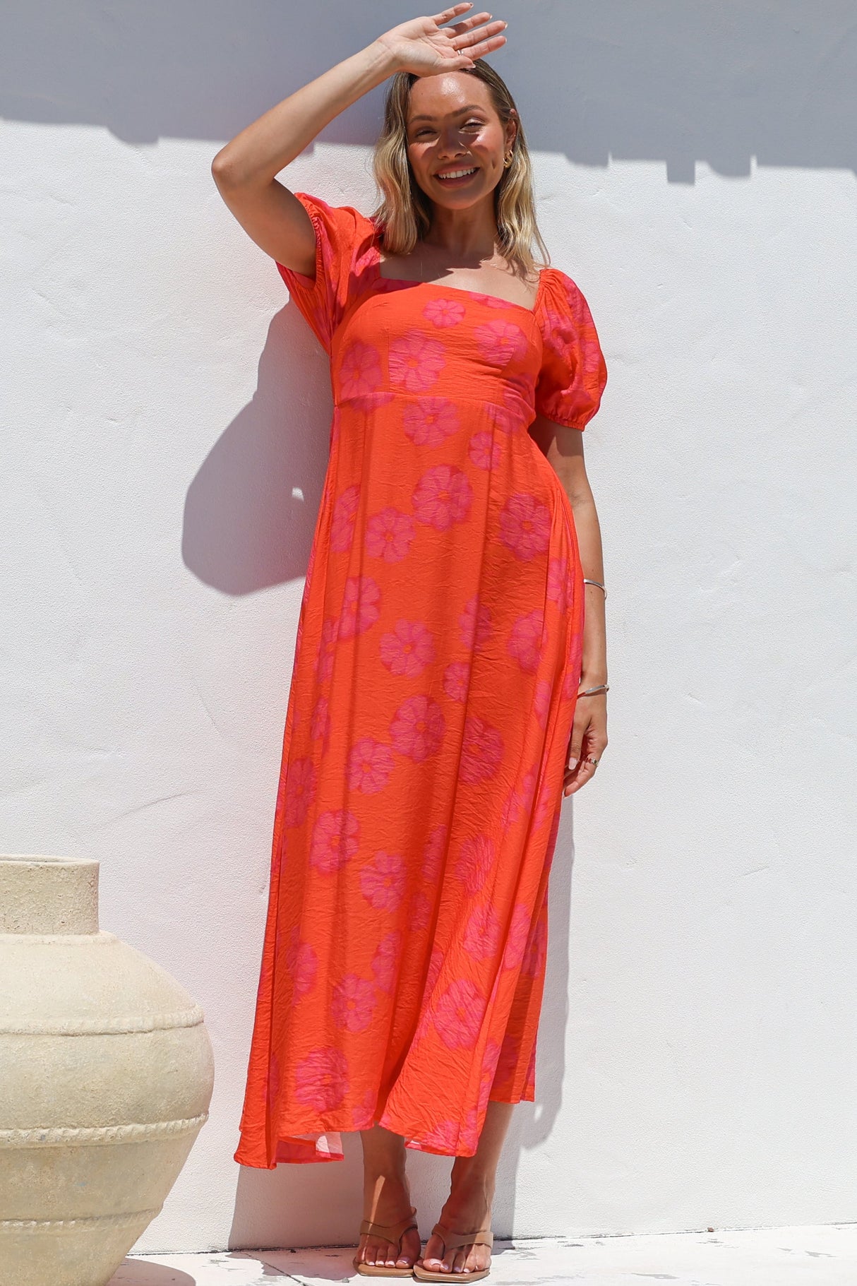 Nani Midi Dress - Milkmaid Neckline Dress with Short Sleeves in Sallio Print
