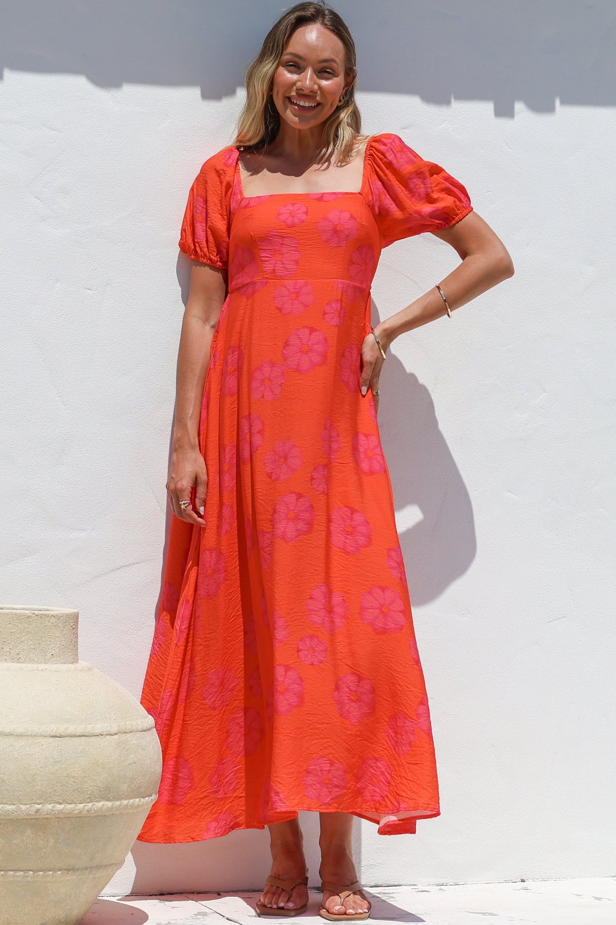 Nani Midi Dress - Milkmaid Neckline Dress with Short Sleeves in Sallio Print