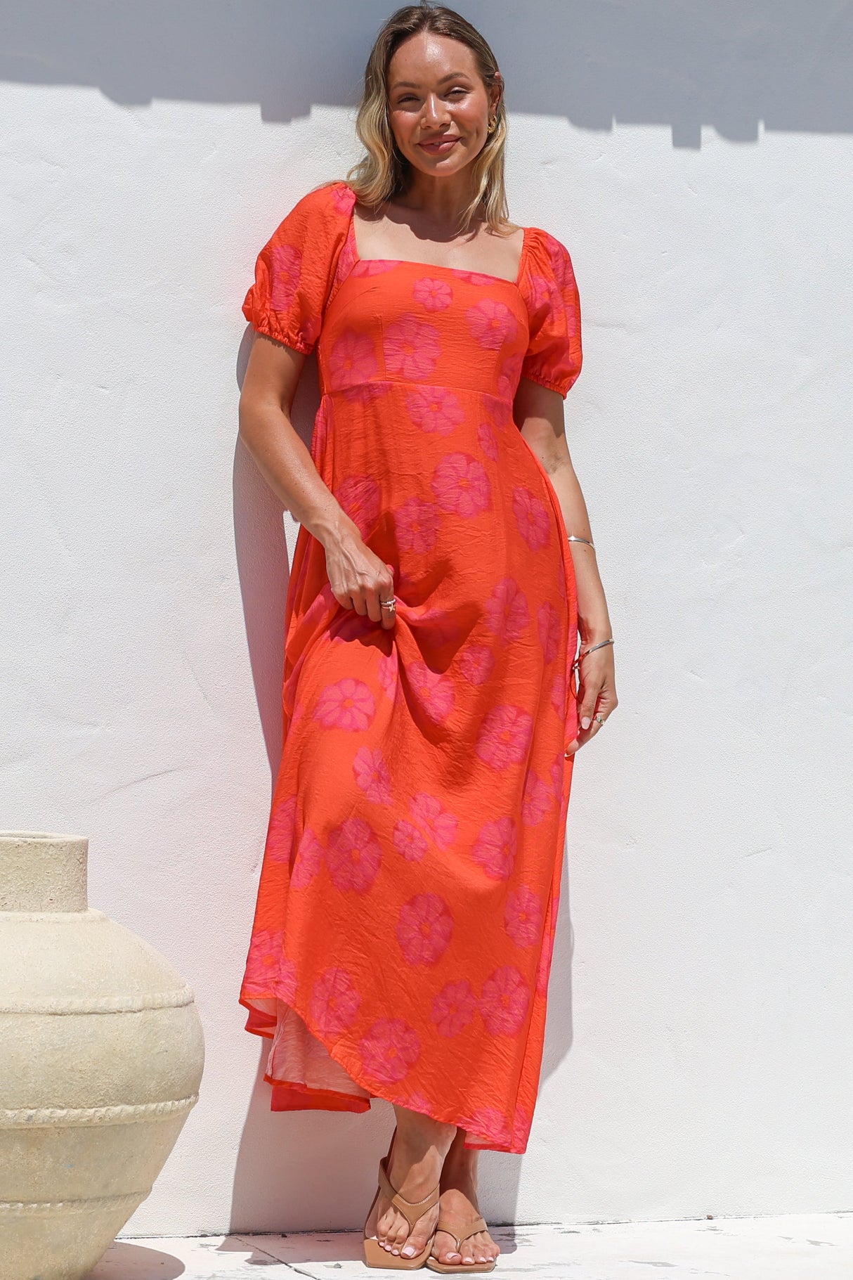 Nani Midi Dress - Milkmaid Neckline Dress with Short Sleeves in Sallio Print