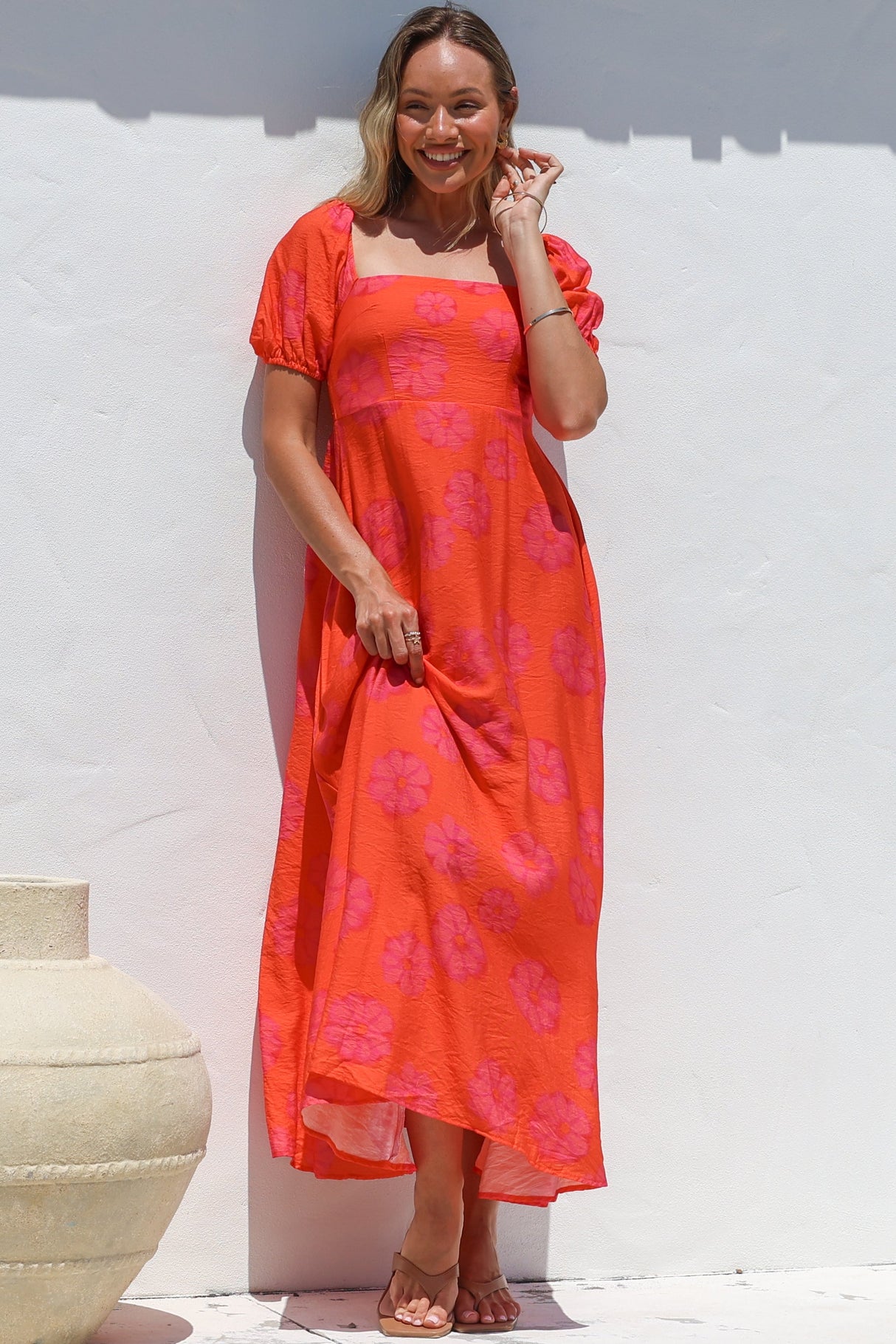 Nani Midi Dress - Milkmaid Neckline Dress with Short Sleeves in Sallio Print