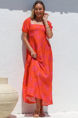 Nani Midi Dress - Milkmaid Neckline Dress with Short Sleeves in Sallio Print