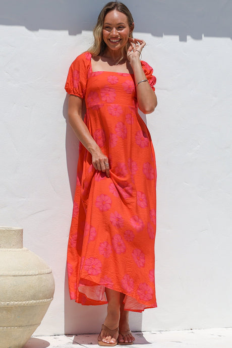 Nani Midi Dress - Milkmaid Neckline Dress with Short Sleeves in Sallio Print