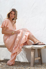 Narissa Maxi Dress - A-Line Dress with Lace Splicing and Flutter Sleeves in Blush